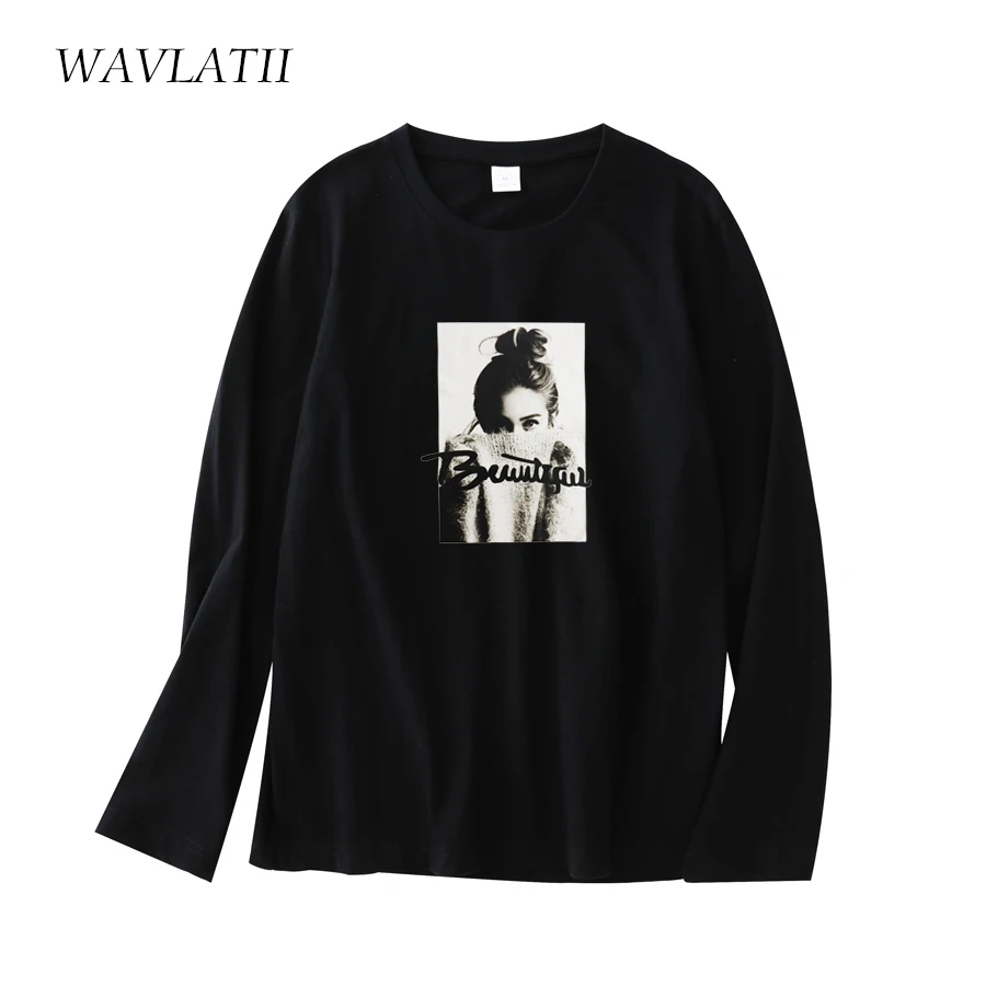 WAVLATII Women New Cotton Long Sleeve Tshirts Lady Print Casual Tees Female Soft Spring Basic Tops WLT2103