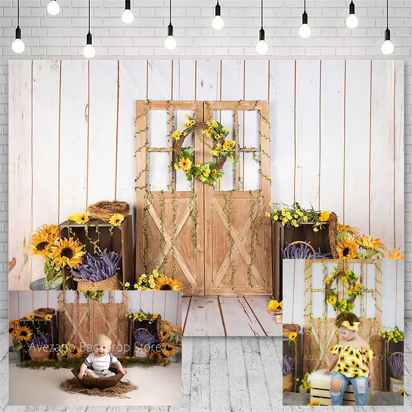 

Avezano Backdrops Child Birthday Portrait Sunflower Wooden Wall Floor Photography Background Photo Studio Photozone Decor Props