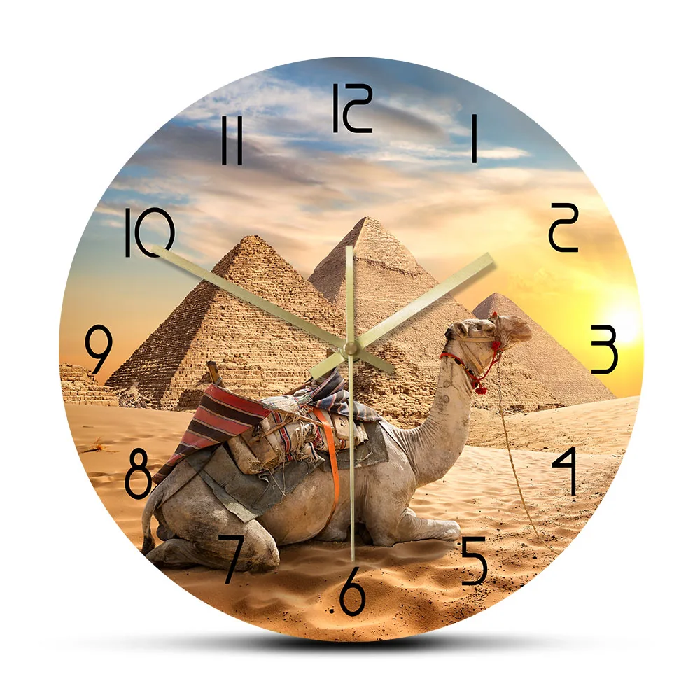 Sahara Animals Sunset Desert Camel Wall Clock Egypt Pyramids Egyptian Architecture Home Decor Quiet Clocks Africa Travel Gift