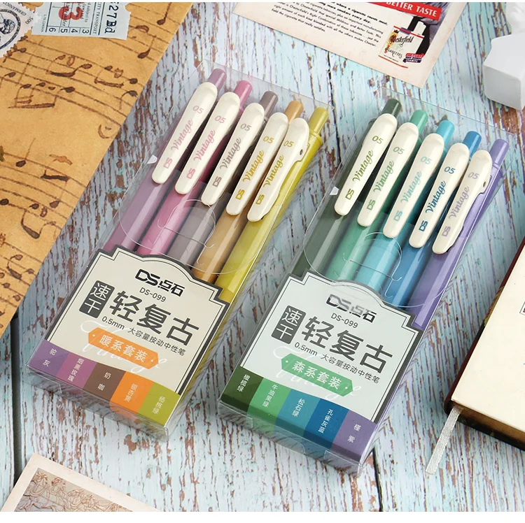5pcs Vintage Color Ink Pens Set Quick-dry Highlight Writing 0.5mm Ballpoint Pen Diary Drawing Marker Liner Art DIY School