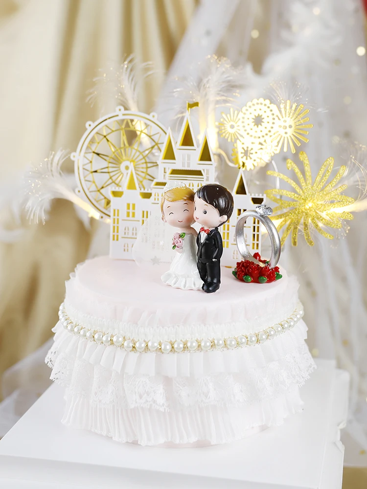 Happy Wedding  Anniversary Gold Castle Acrylic Cake Toppers  Bride Groom Mr Mrs Wedding Diamond Ring Cake Supplies Decoration