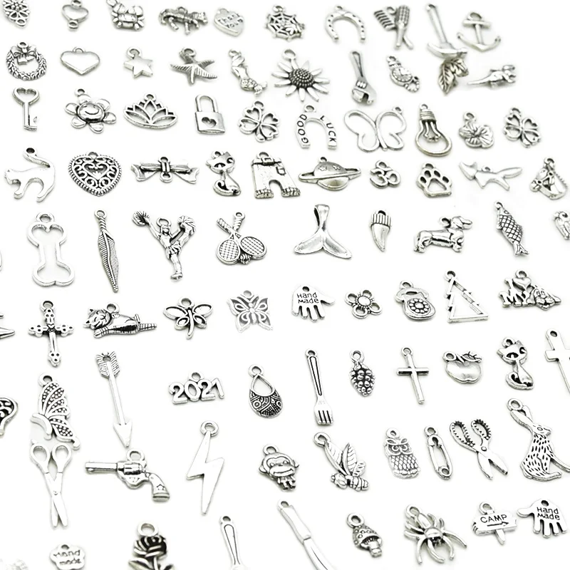 100pcs Tibetan Silver Mixed Animal Leaf Key Crown Charms Alloy Metal Pendants For DIY Handmade Jewelry Accessaries Making