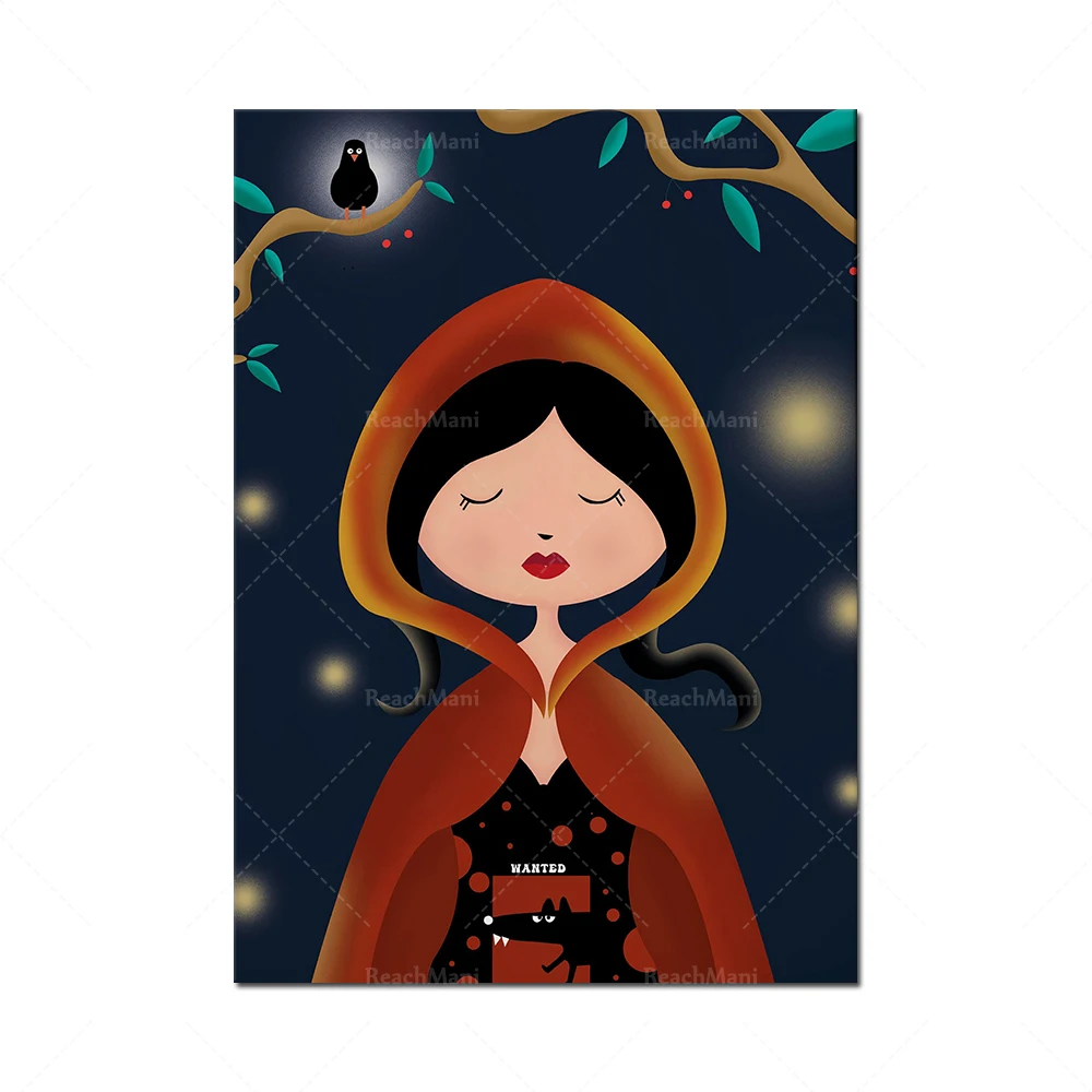 Illustration de petite fille rouge, affiche de forêt de réservations, illustration pour enfants, affiche de décoration d'art mural de famille
