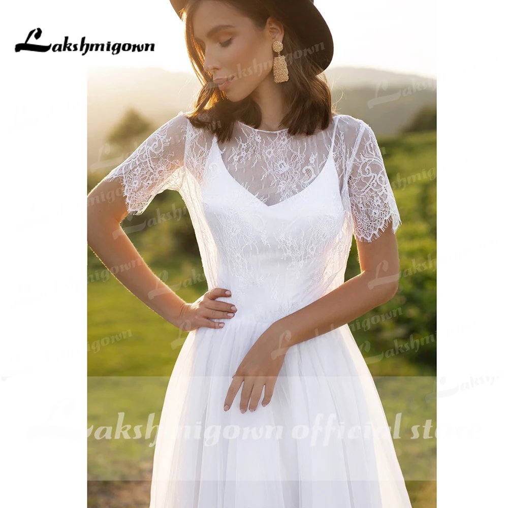 Robe de soirée de mariage à manches courtes, tulle en dentelle, col rond, dos nu, robe de plage A-Line, 2023