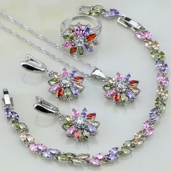 Flower Multicolor Stones Cubic Zirconia 925 Sterling Silver Jewelry Sets For Women Earrings/Pendant/Necklace/Ring/Bracelet