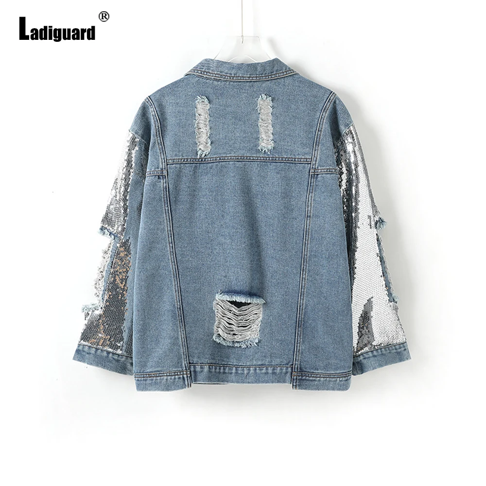 Women Sexy Ripped Denim Jacket Hollow Out Sequins Demin Jackets Vaqueros Mujer 2021 Single Breasted Top Outerwear Jean Coats