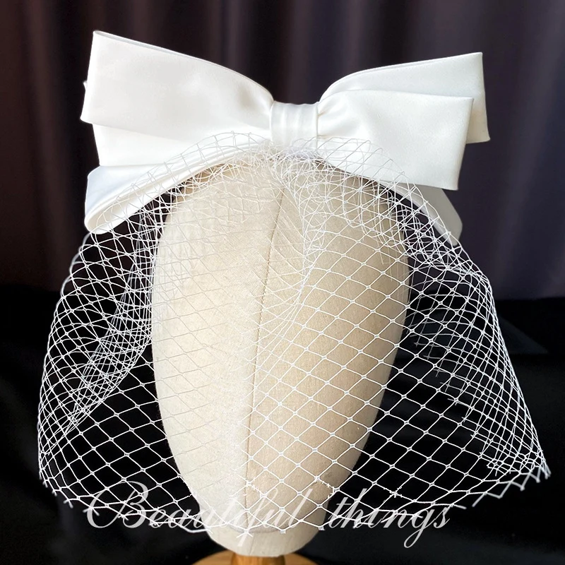 New White bridal hairband Mesh Satin Bow Headband Vintage Fairy Bridal Wedding hair Accessory