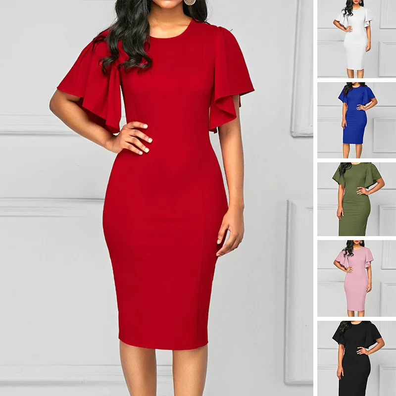 

2020 Women's Bodycon Dress Elegant Bag Hip Sheath Dress Sexy Dress with Lotus Sleeves