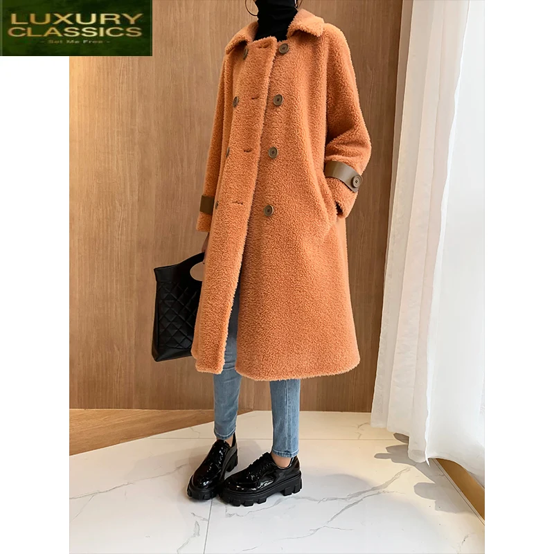 Manteau en fourrure véritable pour femme, vêtements Vintage coréen 2021, veste longue de mouton, 100% laine, automne Hiver 1966