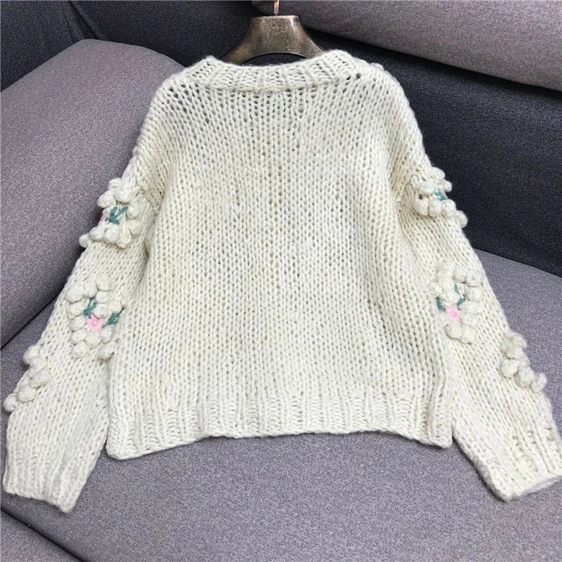 

Women Sweater Casual Jacket Retro Appliques Handmade Embroidery Ball Knitted Cardigan Single-Breasted Thick Streetwear Winter