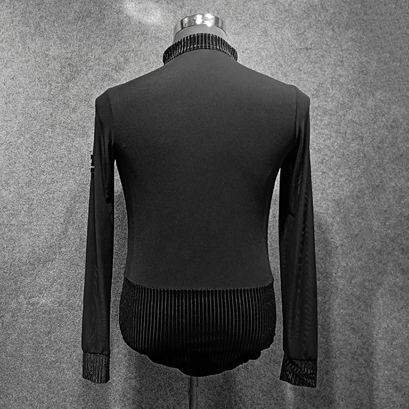 CACARE Leotard Mens Shirts Bodysuit for Latin Ballroom Dance Competition Top Practice Wear Black D0838 Mesh S-2XL Dropship