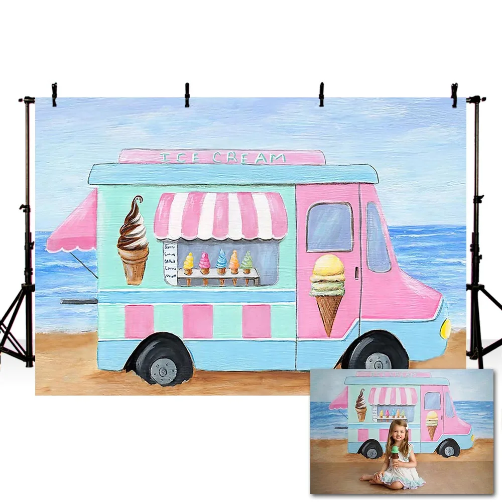 Mehofond Ice Cream Truck Photography Backdrops Summer Sea Beach Cake Smash Children Birthday Party Background Photo Studio Props