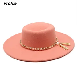 Fedora hat pearl chain series autumn and winter ring flat top fashion men and women felt jazz hat Fedora шляпа женская