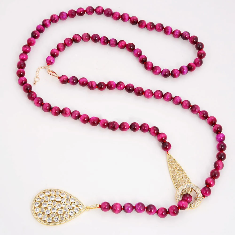 

10mm Fuchsia Tiger Eye Long loop Necklace Cz pave pendant 48''