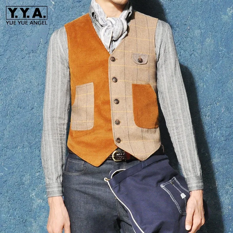 

Vintage Mens Corduroy Vest Slim Fit Single Breasted Sleeveless Jacket Patchwork V Neck Man Vests Tops Casual Outwear Waistcoat