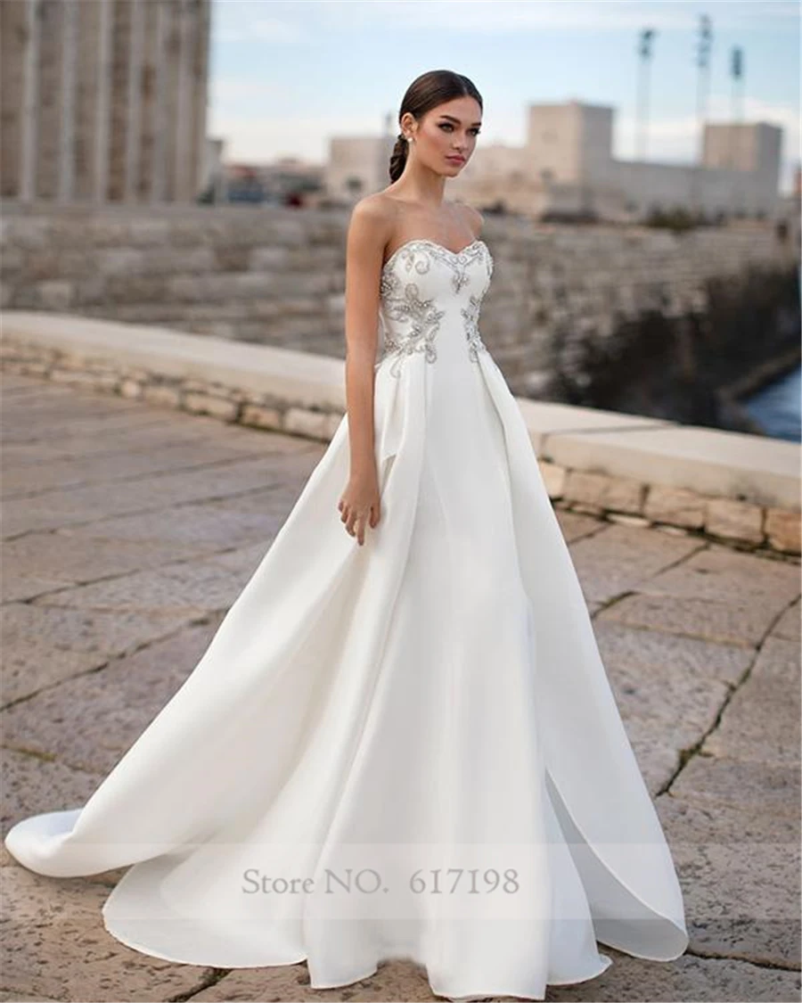 Robe de Mariée Chic en Satin Blanc, Sans Bretelles, Ligne A, Sexy, pour Patients, Tenue de Mariage avec Strass Perlés