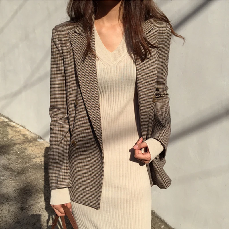 Vintage Double Breasted Office Ladies Plaid Blazer 2020 Pockets Loose Houndstooth Retro Suit Coat Jacket Women Blazers Female