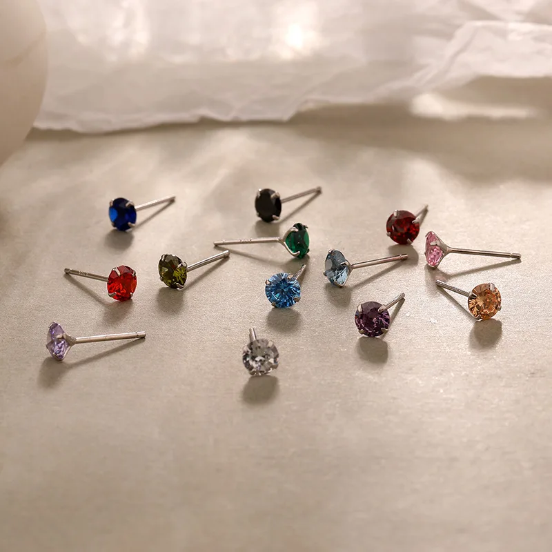 3MM-7MM Authentic  925 Sterling silver Colored 4-Prong Solitaire 4A+CZ birthstone Piercing Ear Stud earrings jEWELRY C-E007