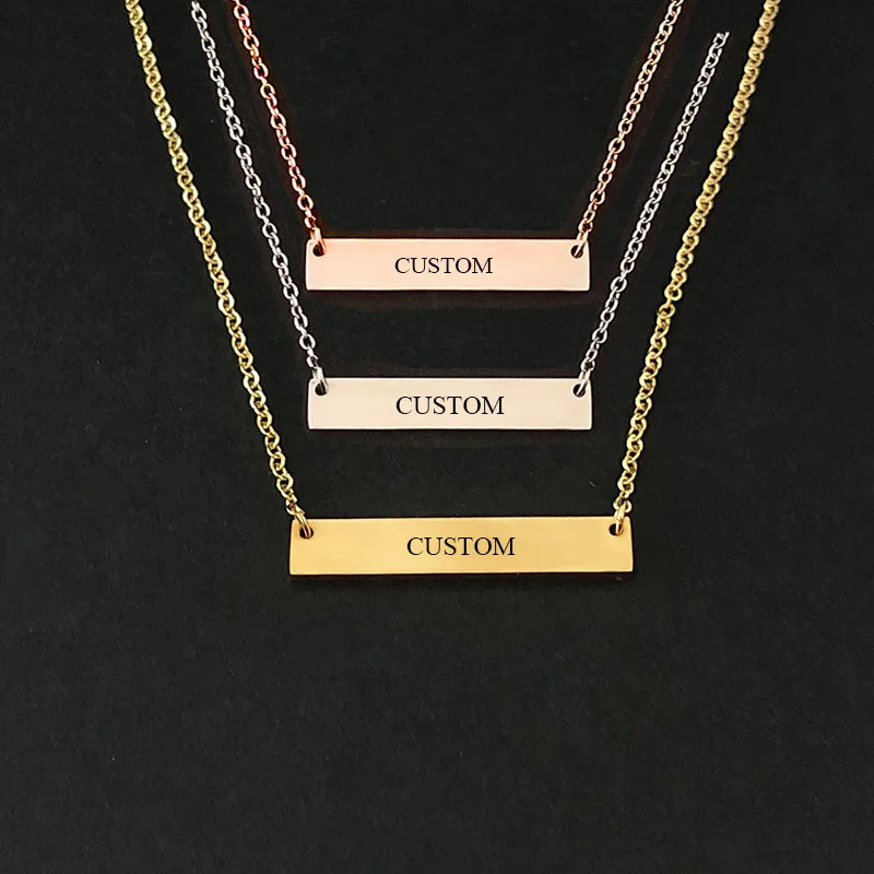 Name Engraving Personalized Square Bar Custom Name Necklace Stainless Steel Pendant Necklace Gold 3 Colors Women/Men Custom Gift