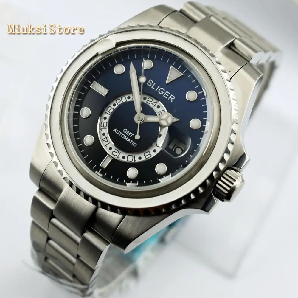 Bliger 43mm black&blue dial luminous marks sapphire glass ceramic bezel date GMT automatic mens top mechanical watch