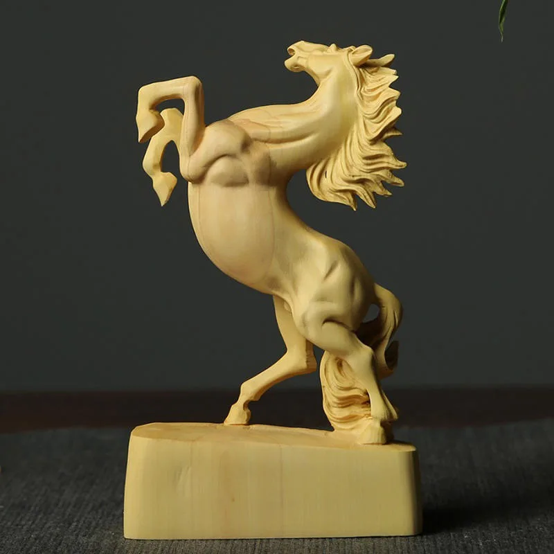 XS194-15*9*3CM Hand Carved Boxwood Carving Figurine Horse Feng shui Statue Home Decor -Maxima Sculpture