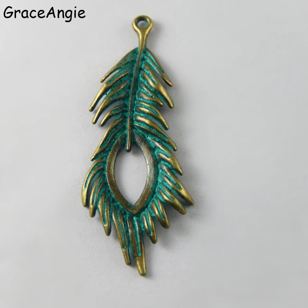 5pcs Patina Feather Charms 71*27*4mm Vintage Jewelry Findings Big long Bohemia Earrings Accessories Green Metal Charms