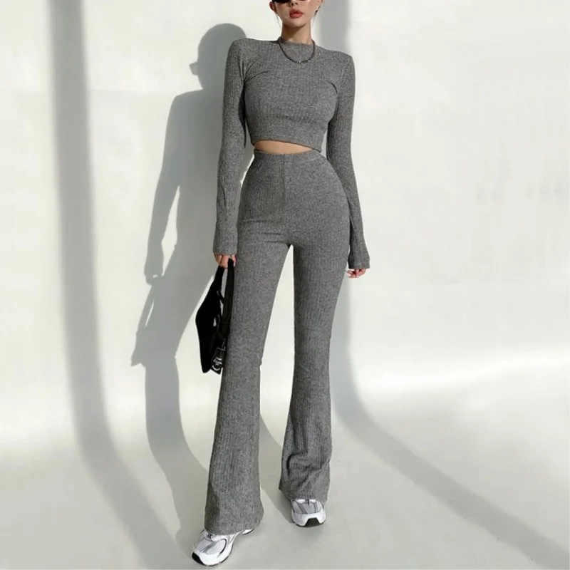 Fall clothes for women sexy 2 piece sets womens outfits white crop top two piece set women top and pants sets flare pants black