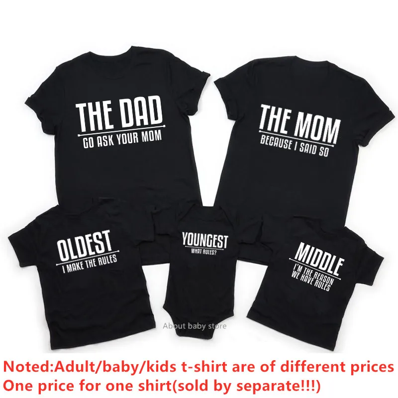 Family Matching Rules Shirts Dad Mom Oldest Middle Youngest Kids Tshirts Black Cotton Matching Daddy Mommy and Me Baby Clothes