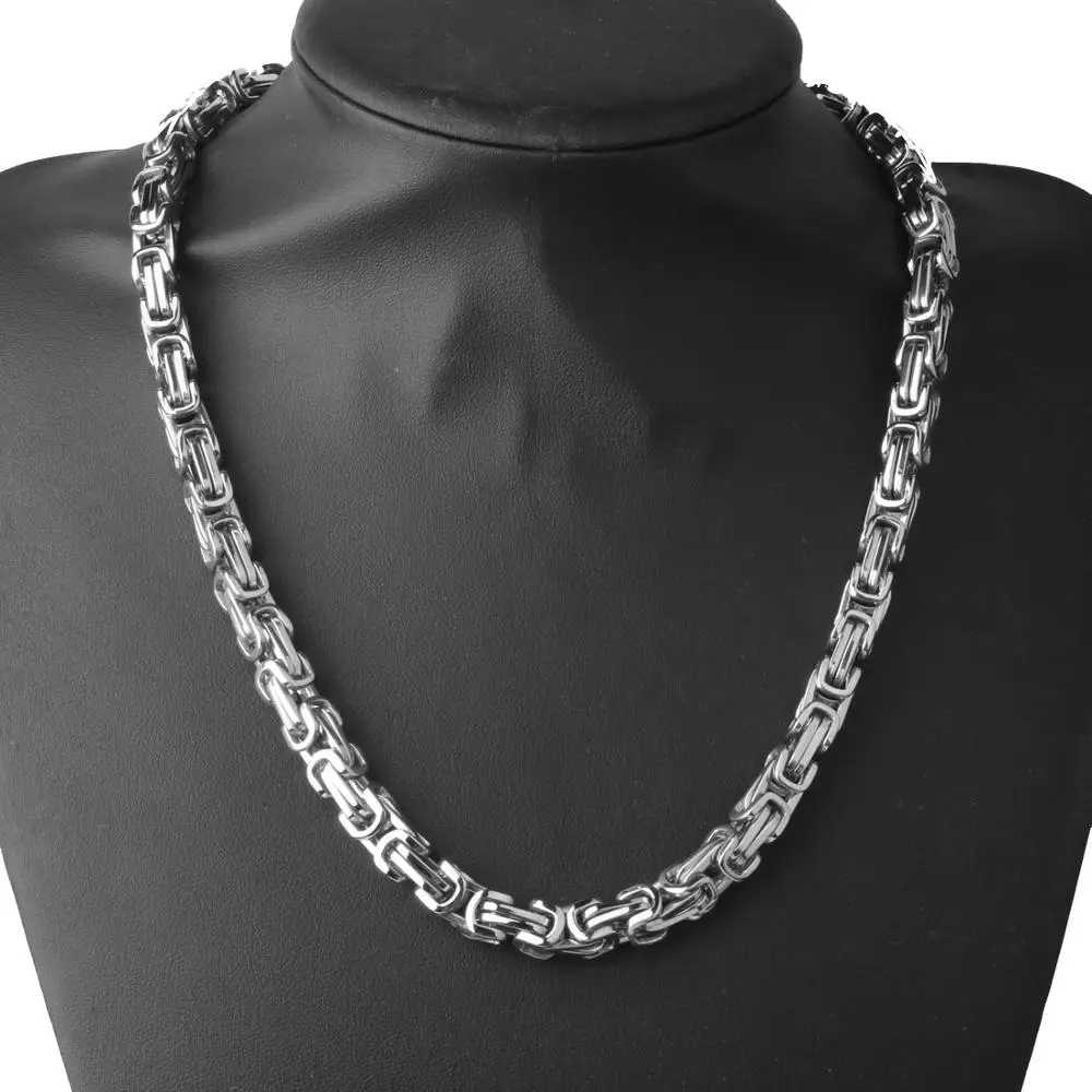 8/12/15MM Wide Fashion Mens Silver Color 316L Stainless Steel Box Chain Byzantine Necklace Wholesale Price