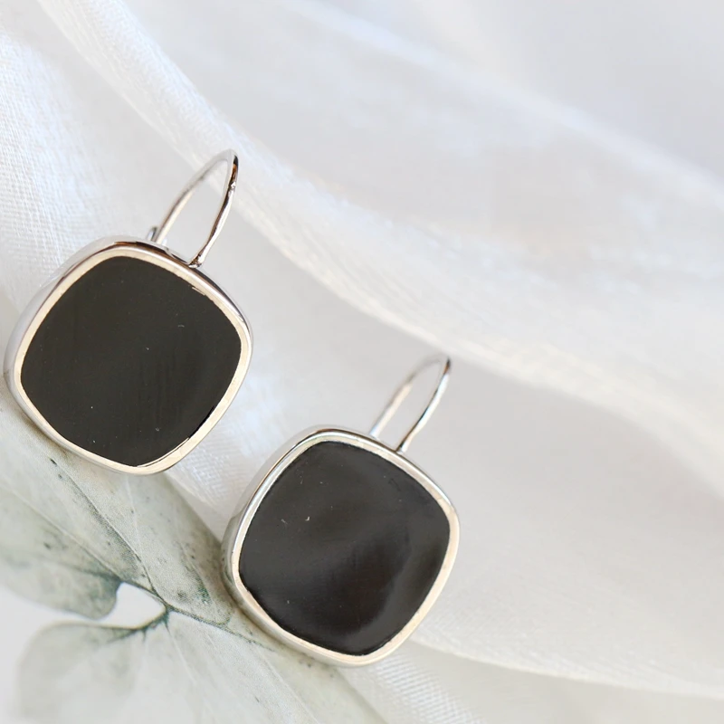 Authentic 925 Sterling Silver Earrings Lady Retro Style Charm Inlaid Natural Black Agate Square Earring Concise Trendy Jewelry