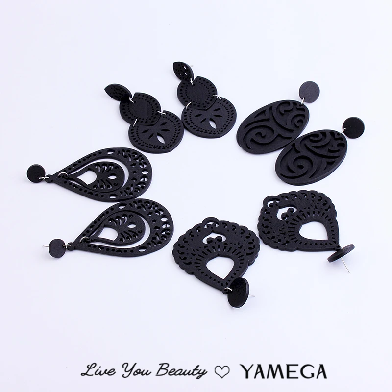 New Vintage Wooden Black Earrings Statement Popular Hollow Personality Style Fashion Boho Jewelry Drop Earring For Woman Gifts