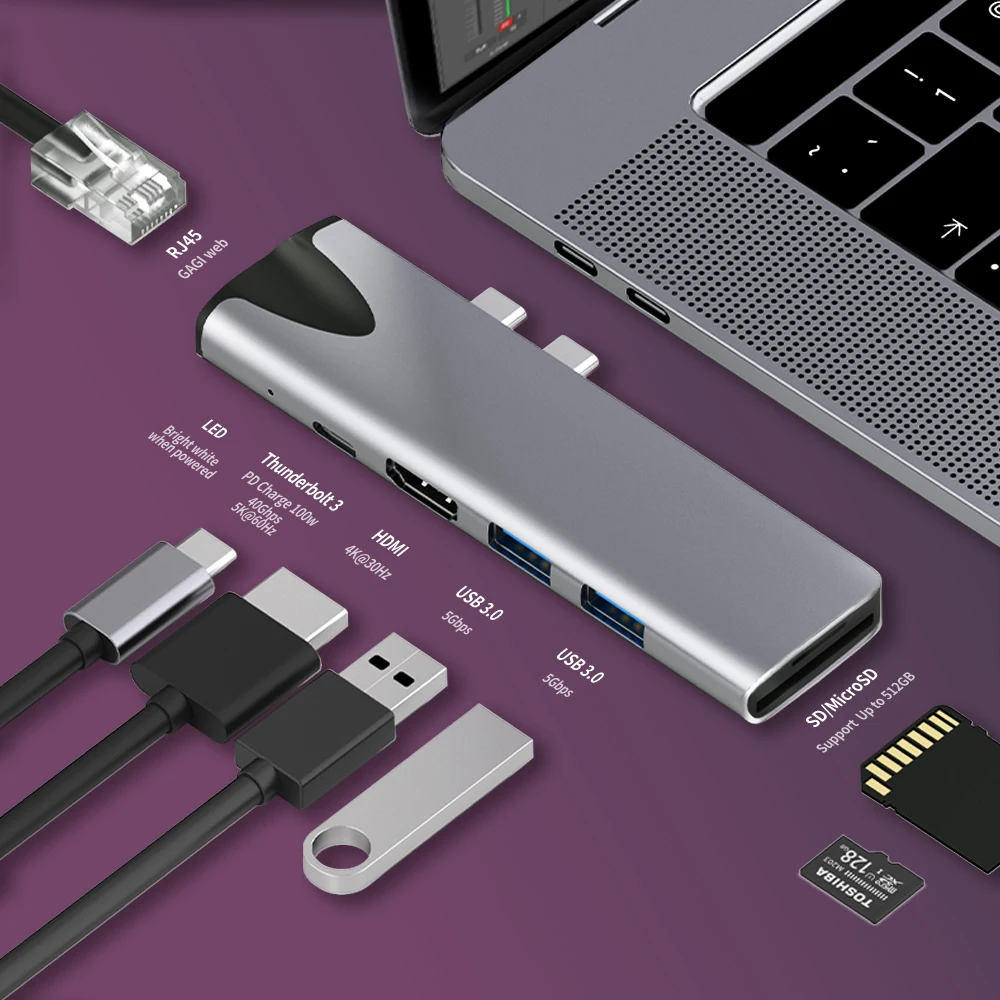 Macbook pro/air用のusbtype cアダプター,usb 3.1コネクター,type cからrj45hdmi,thunderbolt 3 4kアダプター,ハブ3.0付きusb cハブ,tfsdリーダースロット