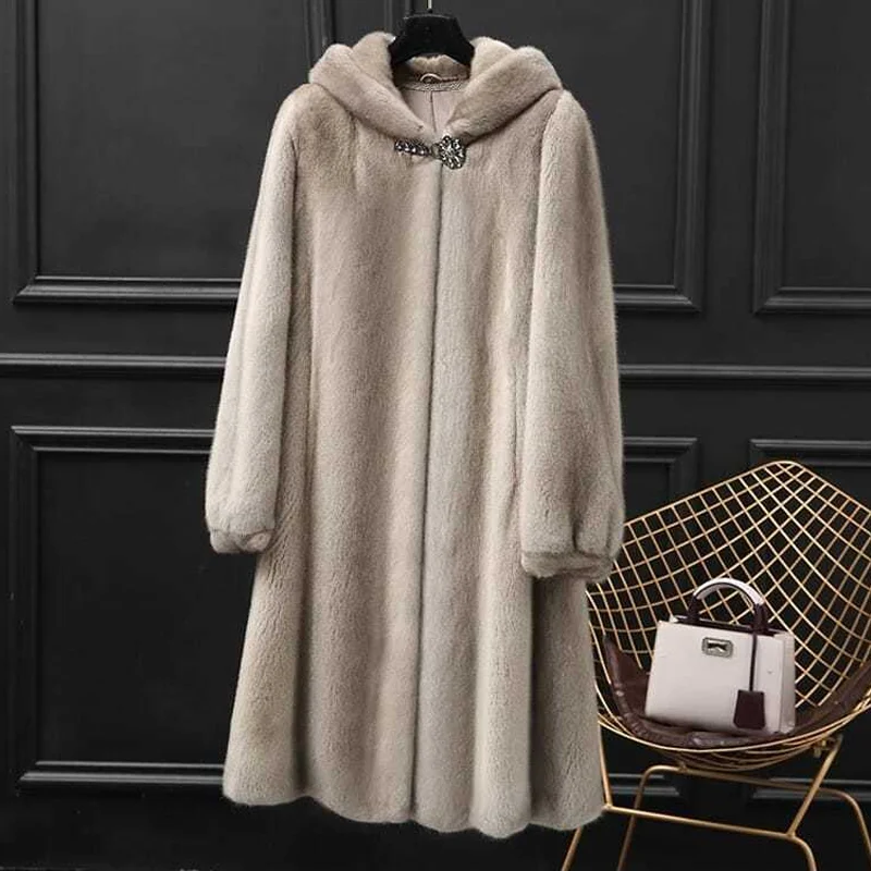 2021 New Women Winter Warm Hooded Jacket Imitation Mink Fur Coat Female Mid-Long Fur Coat Mink Female Oversized Mother Winter Pa