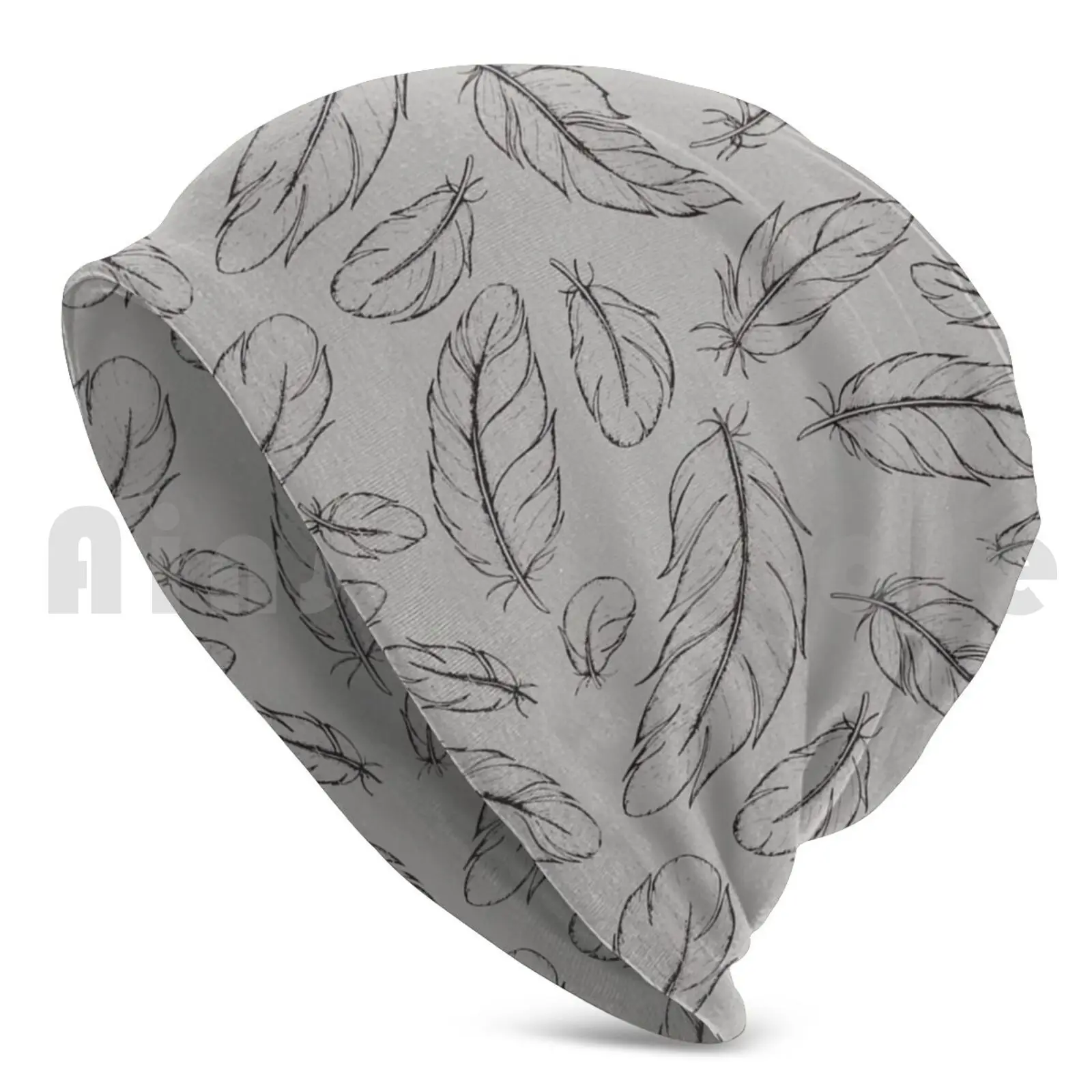 Parrot Feather All-Over Print ( Black On Grey ) Beanie Hedging Cap DIY Print Cushion Parrot Feather Bird All Over