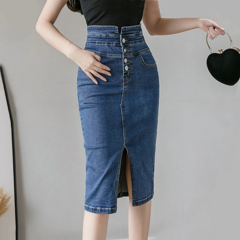 Vintage Split Pencil Denim Skirts Women 2022 Summer High Waist Buttons Midi Jeans Skirts Korean Sexy Skirts jupe femme