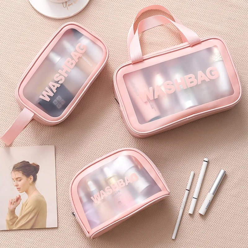 FUDEAM Transparent PVC Women Cosmetic Bag Waterproof Travel Toiletries Storage Organize PU Make Up Bag Female Wash Bag Handbag