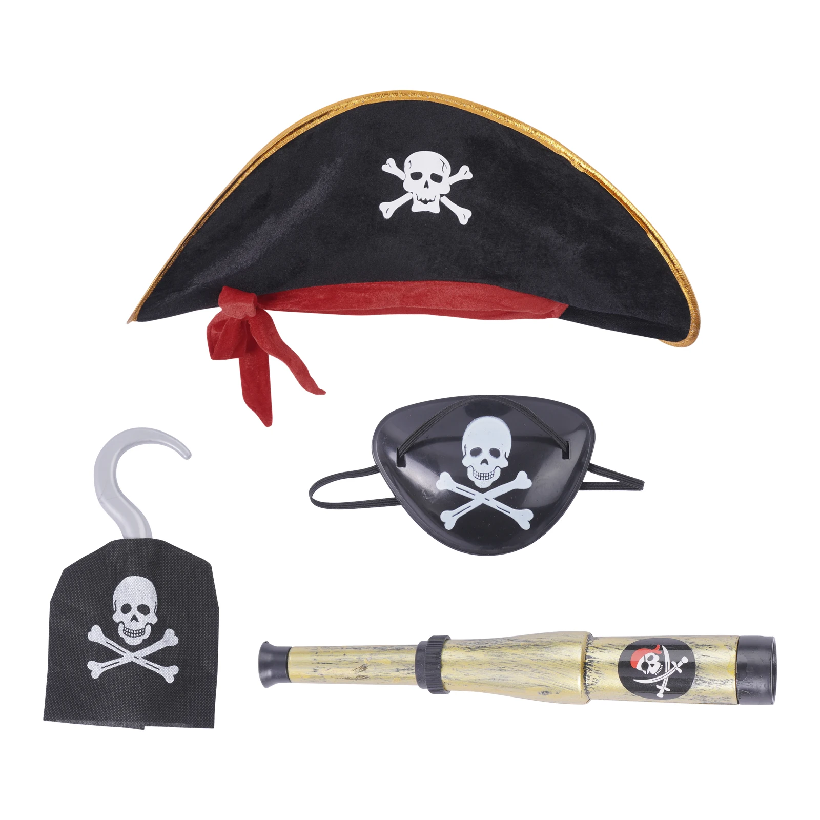 

Kids Pirate Captain Role Play Costume Accessories Skull Print Waistcoat Velvet Hat Eye Patch Telescope Hook Set Halloween Props