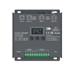 LTECH Led DMX512 Decoder Controller;DC12-24V Input;5A*5CH Max 25A 600W Output 5 Channel DMX Slave XLR-3/RJ45 OLED Screen