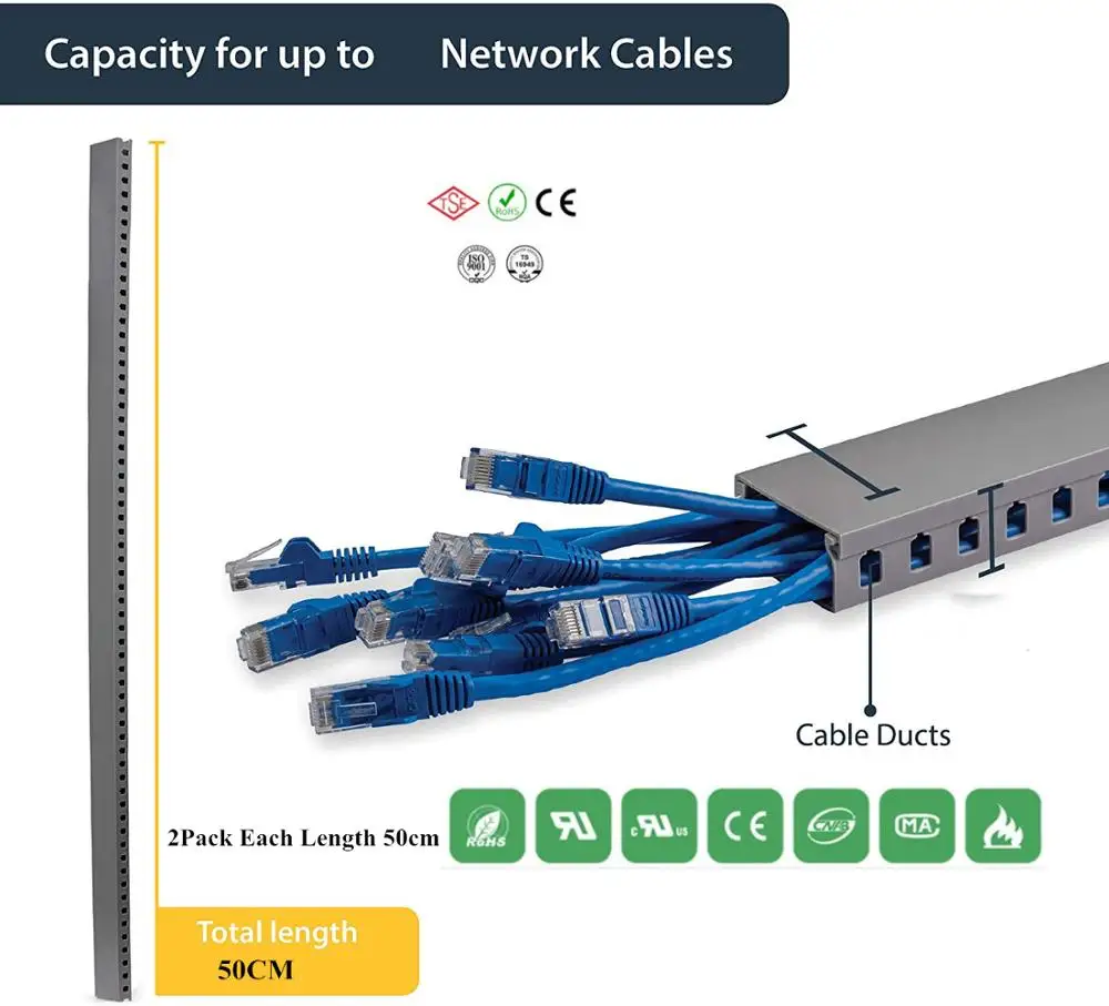 Grey Server Rack Cable Management Finger Duct w/ Cover Open Slot Wire Raceway for Network & A/V Cables,Cable Raceway Kit