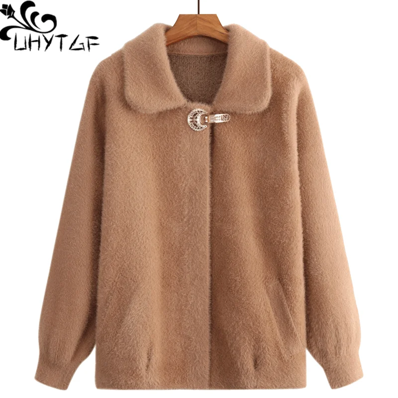 

UHYTGF Quality Mink Cashmere Autumn Winter Coat Women Solid Wild Elegant Female Jacket Fashion Mother 4XL Loose Size Outewear730