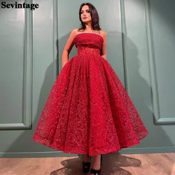 Sevintage Red A Line Sequin Lace Prom Dresses Ankle-Length Midi Prom Gowns Saudi Arabia Formal Evning Dress Wedding Party Gowns