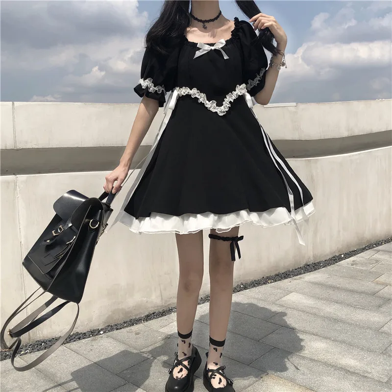 Vestido corto japonés de Lolita para mujer, prenda de manga abombada negra con lazo de retales, diseño Vintage, estilo Kawaii, suave