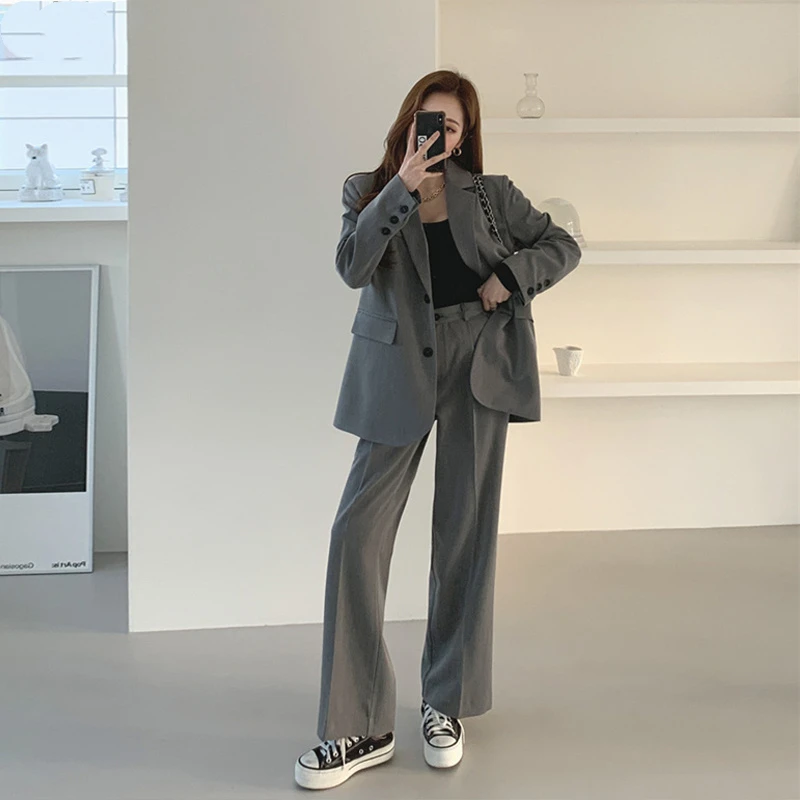 autumn office lady blazer sets Korean style loose gray suit jacket high waist wide leg pants 2 two piece set women outfits