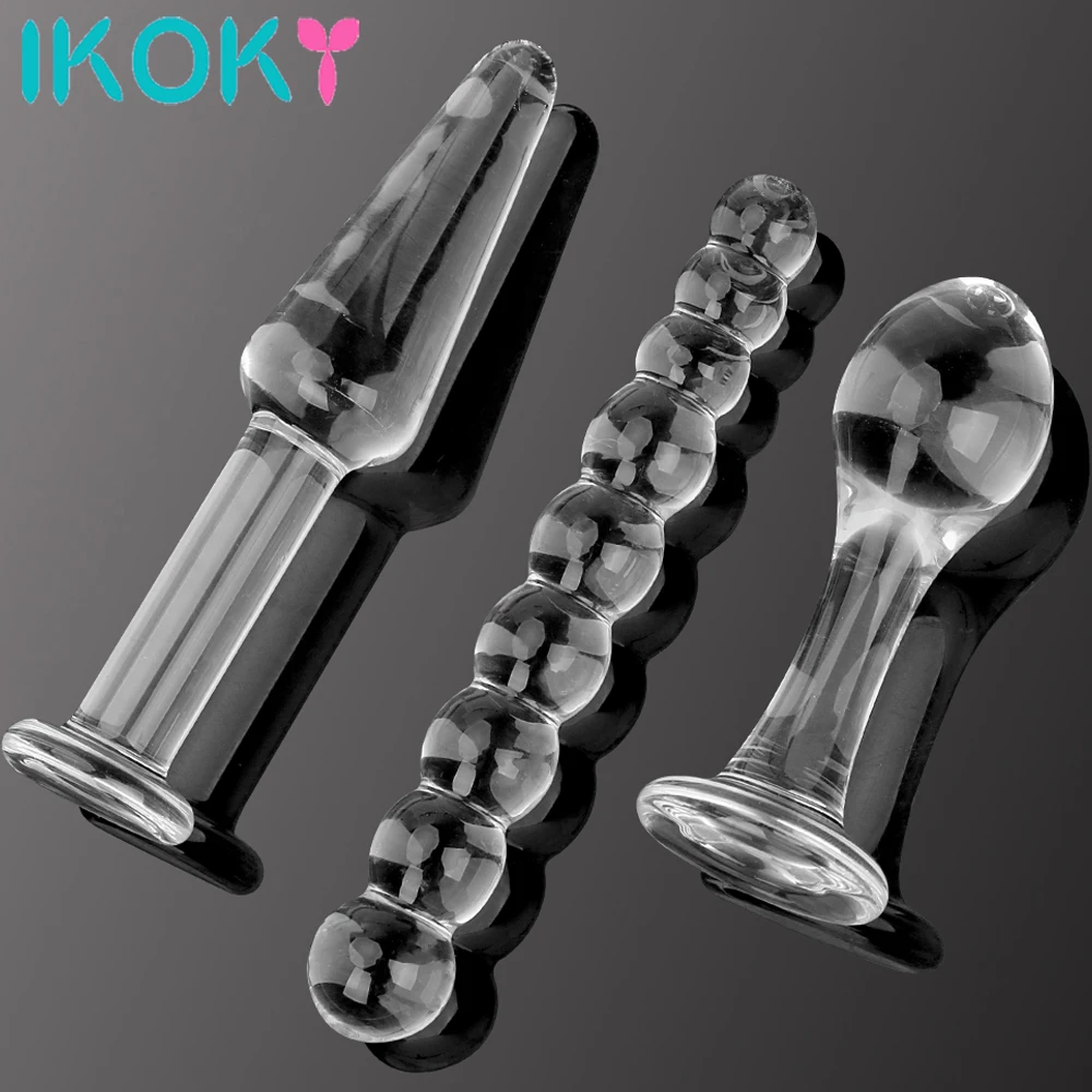 IKOKY 3Pcs Crystal Anal Dildo Beads Pyrex Glass Butt Plugs Ball Fake Penis Female Masturbate Sex Toys for Adult Women Men Gay