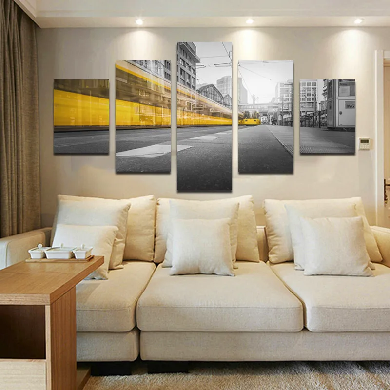 5pcs The Yellow Train Passing The Gray City Color Contrast, Composition Art Frameless Home Decoration Canvas Printing Poster