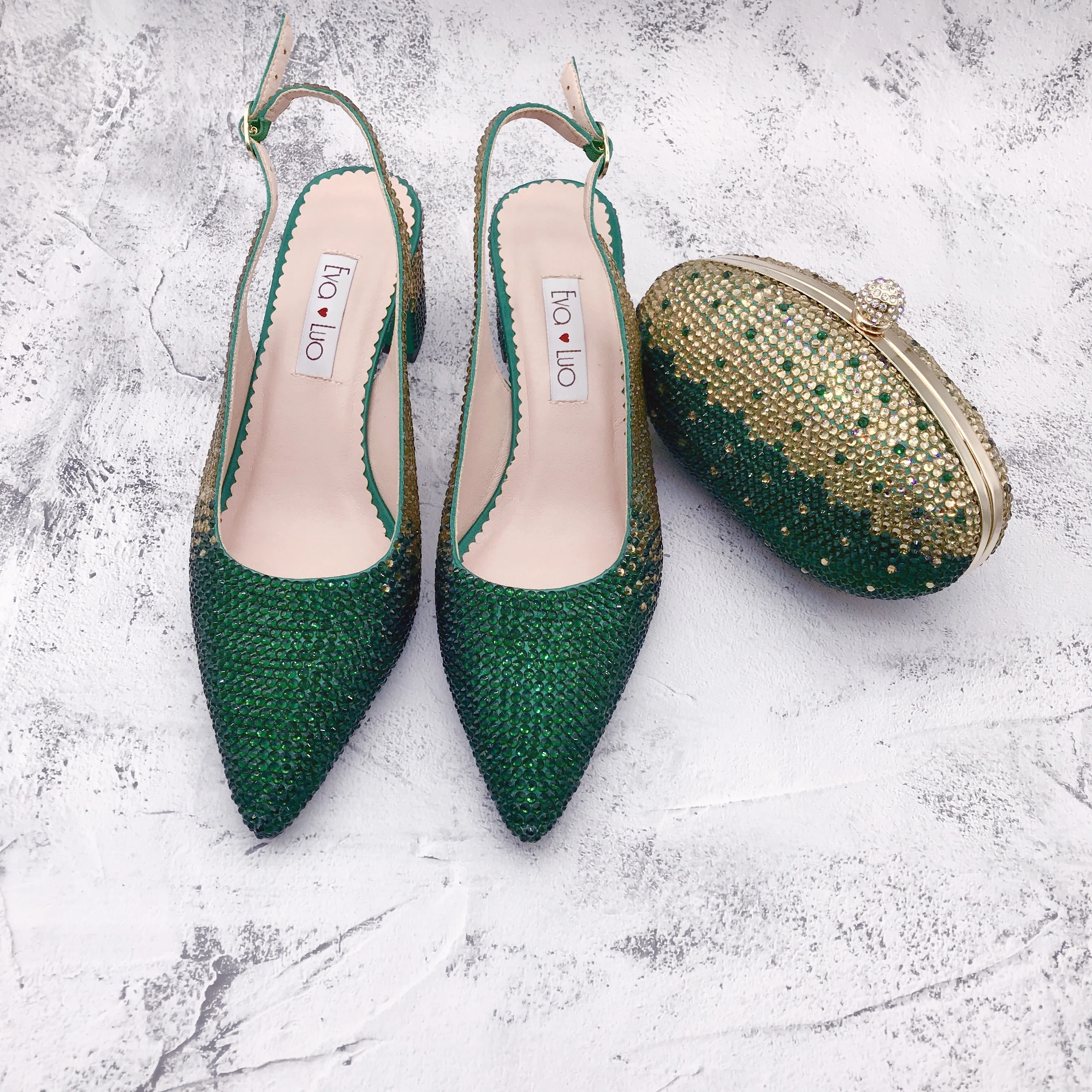 

BS1156 Custom Made Green Gold Crystal Pointed toe Shoes with Matching Bags Set Slingbacks Block Heel Women Bridal wedding Shoes