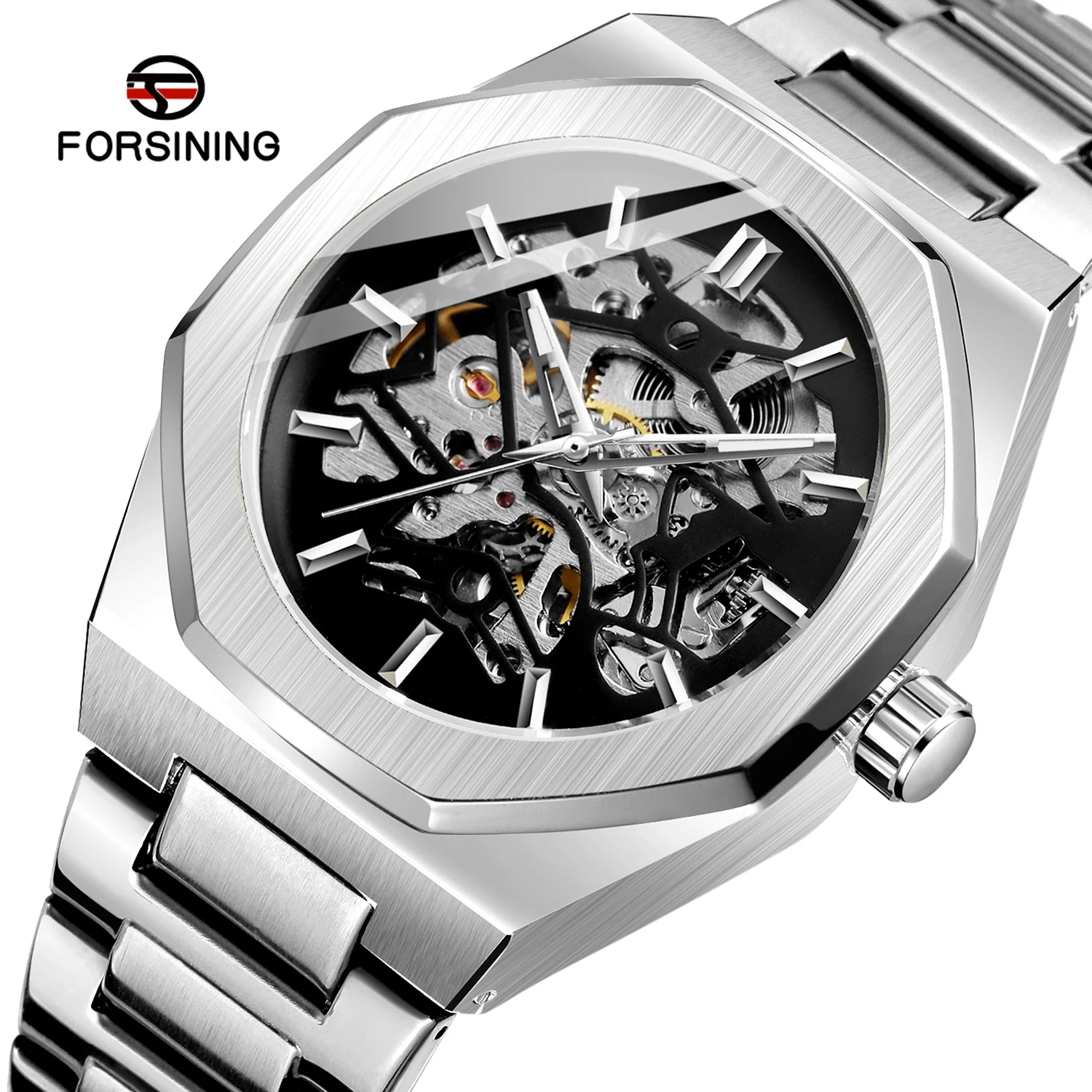 FORSINING Brand Watch Men Mechanical Skeleton Watch Fashion Casual Automatic Watch Stainless Steel FSG8198