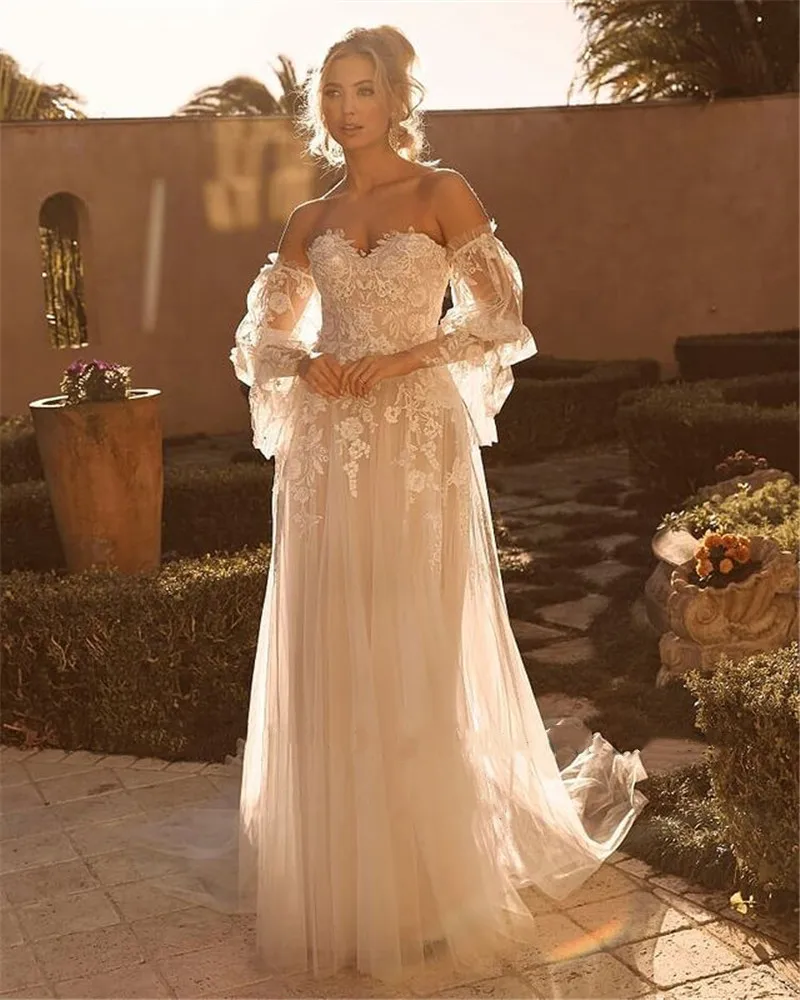 Vestidos de casamento elegantes com mangas longas destacáveis, Beach A Line Tulle, Sweetheart Lace Appliques, Bridal Gowns