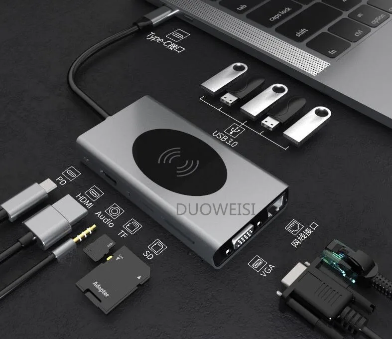 

13 in 1 USB-C HUB Type C Converter USB Hub Docking Station Wireless Charger USB 3.0 HDMI TF Card Reader PD interface VGA audio