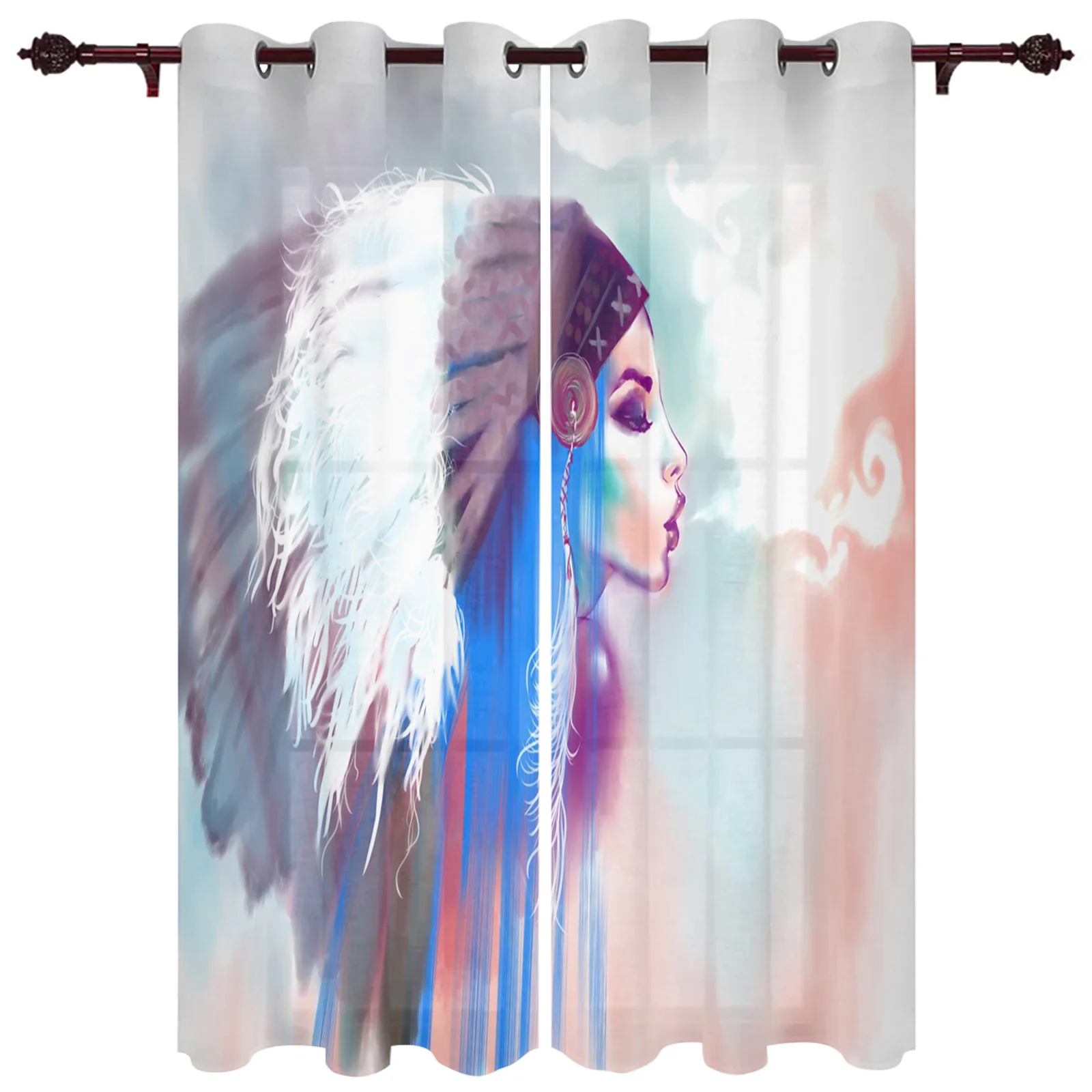 Indian Girl Boho Watercolor Sheer Curtains For Living Room Window Curtain Bedroom Kitchen Balcony Gazebo Curtain Room Divider